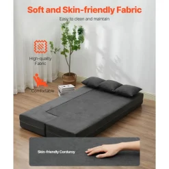 VEVOR Folding Sofa Bed, 3-in-1 Foldable Couch Bed with 3 Pillows and Washable Cover, 25D High Density Memory Foam Convertible Sleeper Chair Bed, Futon Couch for Living Room, Bedroom, Dark Grey(Twin)