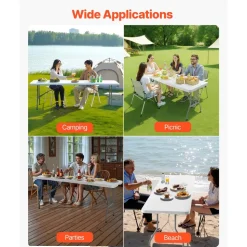 VEVOR Folding Table, 8 Ft Heavy Duty Portable Fold-in-Half Utility Table, Indoor Outdoor Plastic Rectangle Table with Built in Handle, for Party, Dining, Wedding, Events, Picnic, Camping, White