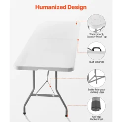 VEVOR Folding Table, 8 Ft Heavy Duty Portable Fold-in-Half Utility Table, Indoor Outdoor Plastic Rectangle Table with Built in Handle, for Party, Dining, Wedding, Events, Picnic, Camping, White