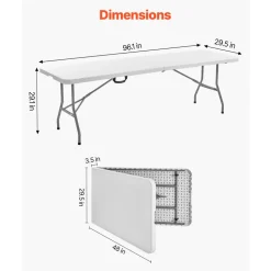 VEVOR Folding Table, 8 Ft Heavy Duty Portable Fold-in-Half Utility Table, Indoor Outdoor Plastic Rectangle Table with Built in Handle, for Party, Dining, Wedding, Events, Picnic, Camping, White