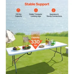VEVOR Folding Table, 8 Ft Heavy Duty Portable Fold-in-Half Utility Table, Indoor Outdoor Plastic Rectangle Table with Built in Handle, for Party, Dining, Wedding, Events, Picnic, Camping, White