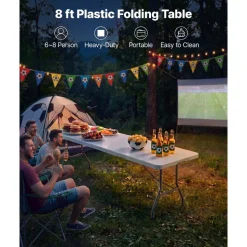 VEVOR Folding Table, 8 Ft Heavy Duty Portable Fold-in-Half Utility Table, Indoor Outdoor Plastic Rectangle Table with Built in Handle, for Party, Dining, Wedding, Events, Picnic, Camping, White