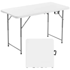 VEVOR Folding Table, 4 Ft Heavy Duty Portable Fold-in-Half Utility Table, Indoor Outdoor Plastic Rectangle Table with Adjustable Height and Built in Handle, for Party, Dining, Picnic, Camping, White