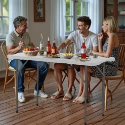 VEVOR Folding Table, 4 Ft Heavy Duty Portable Fold-in-Half Utility Table, Indoor Outdoor Plastic Rectangle Table with Adjustable Height and Built in Handle, for Party, Dining, Picnic, Camping, White