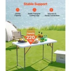 VEVOR Folding Table, 4 Ft Heavy Duty Portable Fold-in-Half Utility Table, Indoor Outdoor Plastic Rectangle Table with Adjustable Height and Built in Handle, for Party, Dining, Picnic, Camping, White