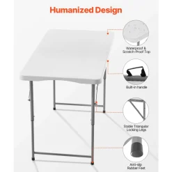 VEVOR Folding Table, 4 Ft Heavy Duty Portable Fold-in-Half Utility Table, Indoor Outdoor Plastic Rectangle Table with Adjustable Height and Built in Handle, for Party, Dining, Picnic, Camping, White