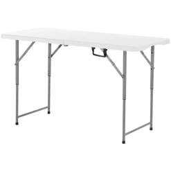 VEVOR Folding Table, 4 Ft Heavy Duty Portable Fold-in-Half Utility Table, Indoor Outdoor Plastic Rectangle Table with Adjustable Height and Built in Handle, for Party, Dining, Picnic, Camping, White