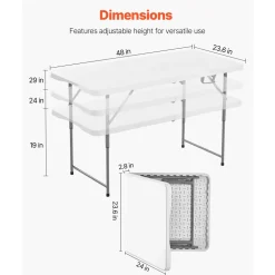 VEVOR Folding Table, 4 Ft Heavy Duty Portable Fold-in-Half Utility Table, Indoor Outdoor Plastic Rectangle Table with Adjustable Height and Built in Handle, for Party, Dining, Picnic, Camping, White