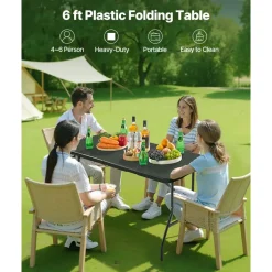 VEVOR Folding Table, 6 Ft Heavy Duty Portable Fold-in-Half Utility Table, Indoor Outdoor Plastic Rectangle Table with Built in Handle, for Party, Dining, Wedding, Events, Picnic, Camping, Black
