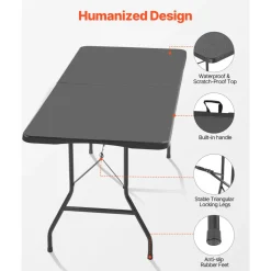 VEVOR Folding Table, 6 Ft Heavy Duty Portable Fold-in-Half Utility Table, Indoor Outdoor Plastic Rectangle Table with Built in Handle, for Party, Dining, Wedding, Events, Picnic, Camping, Black