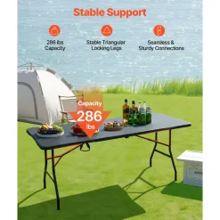 VEVOR Folding Table, 6 Ft Heavy Duty Portable Fold-in-Half Utility Table, Indoor Outdoor Plastic Rectangle Table with Built in Handle, for Party, Dining, Wedding, Events, Picnic, Camping, Black