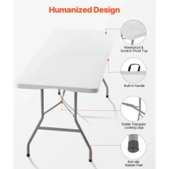 VEVOR Folding Table, 6 Ft Heavy Duty Portable Fold-in-Half Utility Table, Indoor Outdoor Plastic Rectangle Table with Built in Handle, for Party, Dining, Wedding, Events, Picnic, Camping, White