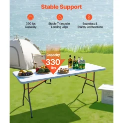 VEVOR Folding Table, 6 Ft Heavy Duty Portable Fold-in-Half Utility Table, Indoor Outdoor Plastic Rectangle Table with Built in Handle, for Party, Dining, Wedding, Events, Picnic, Camping, White