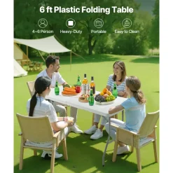 VEVOR Folding Table, 6 Ft Heavy Duty Portable Fold-in-Half Utility Table, Indoor Outdoor Plastic Rectangle Table with Built in Handle, for Party, Dining, Wedding, Events, Picnic, Camping, White