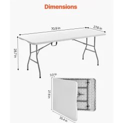 VEVOR Folding Table, 6 Ft Heavy Duty Portable Fold-in-Half Utility Table, Indoor Outdoor Plastic Rectangle Table with Built in Handle, for Party, Dining, Wedding, Events, Picnic, Camping, White