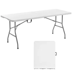 VEVOR Folding Table, 6 Ft Heavy Duty Portable Fold-in-Half Utility Table, Indoor Outdoor Plastic Rectangle Table with Built in Handle, for Party, Dining, Wedding, Events, Picnic, Camping, White