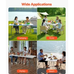 VEVOR Folding Table, 6 Ft Heavy Duty Portable Fold-in-Half Utility Table, Indoor Outdoor Plastic Rectangle Table with Built in Handle, for Party, Dining, Wedding, Events, Picnic, Camping, White