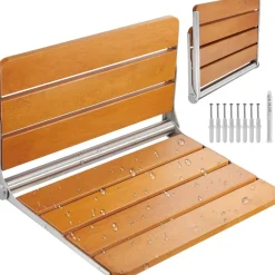 VEVOR Folding Teak Shower Seat, 20.9 x 16'' Unfolded, Wall Mounted Fold Up Shower Bench with 500 lbs Load Capacity, Space Saving Home Care Fold Down Shower Chair, for Seniors Pregnant Women Children