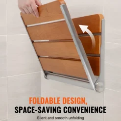 VEVOR Folding Teak Shower Seat, 20.9 x 16'' Unfolded, Wall Mounted Fold Up Shower Bench with 500 lbs Load Capacity, Space Saving Home Care Fold Down Shower Chair, for Seniors Pregnant Women Children