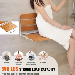 VEVOR Folding Teak Shower Seat, 20.9 x 16'' Unfolded, Wall Mounted Fold Up Shower Bench with 500 lbs Load Capacity, Space Saving Home Care Fold Down Shower Chair, for Seniors Pregnant Women Children