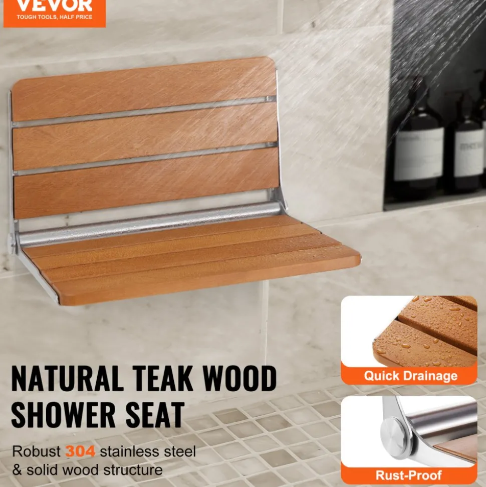 VEVOR Folding Teak Shower Seat, 20.9 x 16'' Unfolded, Wall Mounted Fold Up Shower Bench with 500 lbs Load Capacity, Space Saving Home Care Fold Down Shower Chair, for Seniors Pregnant Women Children