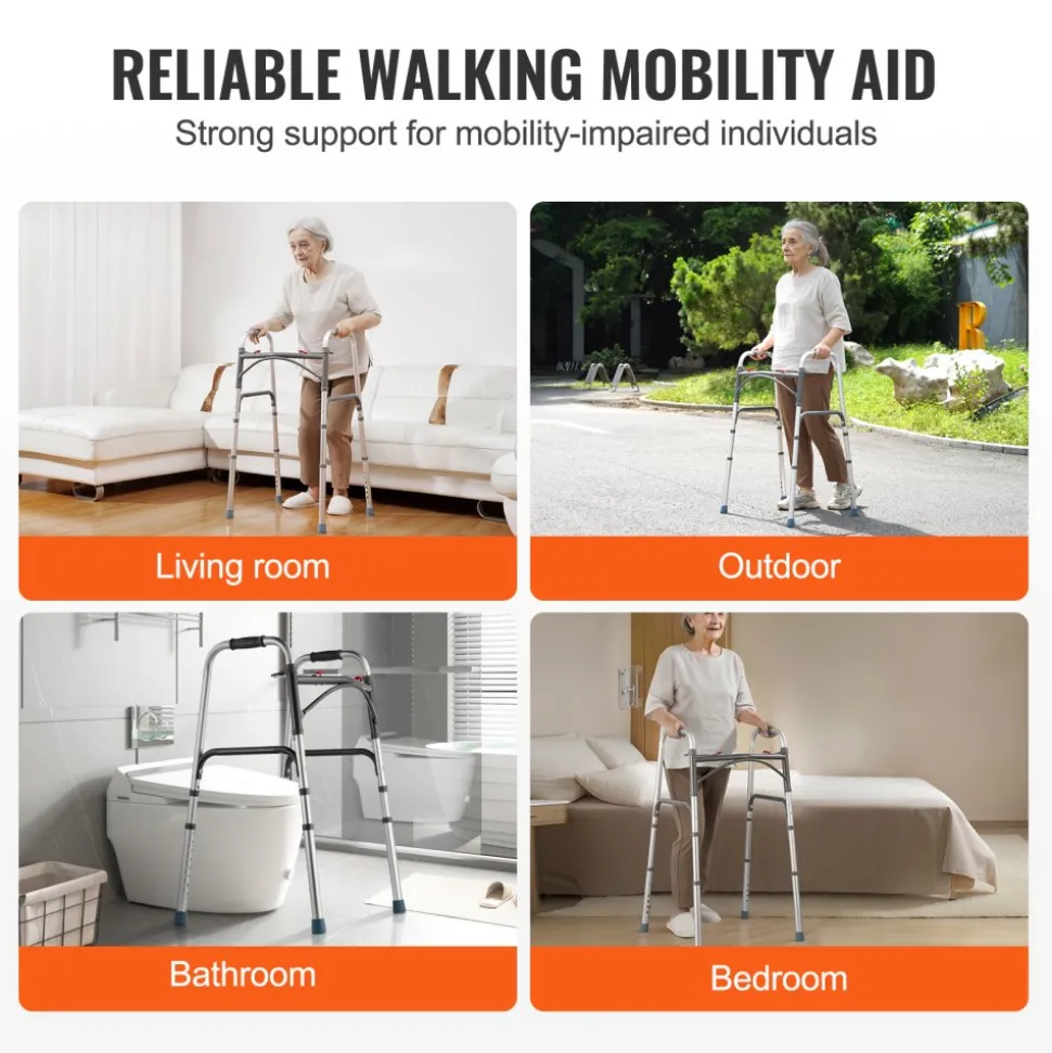 VEVOR Folding Walker, 2-Button Folding Walkers with 8-Level Adjustable Height and Durable Handles, Lightweight Aluminum Mobility Walker Aid for Elderly Handicapped Disabled, Up to 350 Pounds