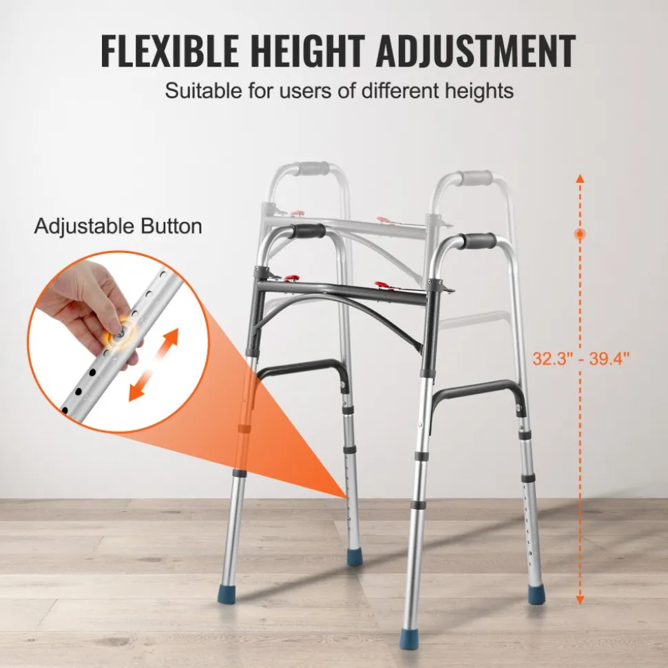VEVOR Folding Walker, 2-Button Folding Walkers with 8-Level Adjustable Height and Durable Handles, Lightweight Aluminum Mobility Walker Aid for Elderly Handicapped Disabled, Up to 350 Pounds