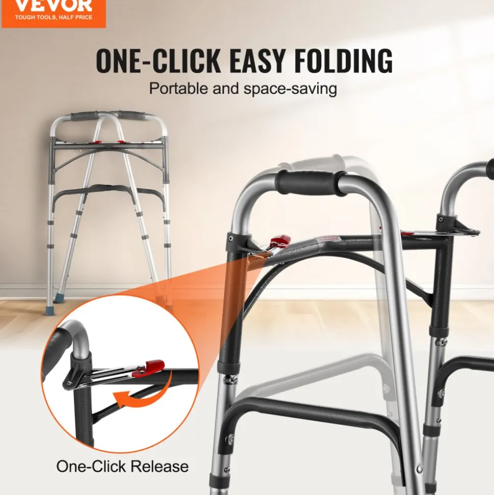 VEVOR Folding Walker, 2-Button Folding Walkers with 8-Level Adjustable Height and Durable Handles, Lightweight Aluminum Mobility Walker Aid for Elderly Handicapped Disabled, Up to 350 Pounds