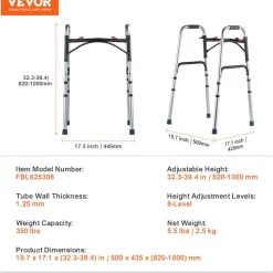 VEVOR Folding Walker, 2-Button Folding Walkers with 8-Level Adjustable Height and Durable Handles, Lightweight Aluminum Mobility Walker Aid for Elderly Handicapped Disabled, Up to 350 Pounds