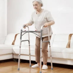 VEVOR Folding Walker, 2-Button Folding Walkers with 8-Level Adjustable Height and Durable Handles, Lightweight Aluminum Mobility Walker Aid for Elderly Handicapped Disabled, Up to 350 Pounds