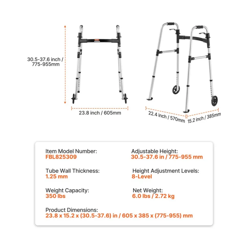VEVOR Folding Walker, 2-Button Foldable Walker with 5" Wheels & 8-Level Adjustable Height, 350LBS Loading Lightweight Aluminum Mobility Walking Aid, Front-Wheeled Rolling Walkers for Seniors Adults