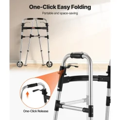VEVOR Folding Walker, 2-Button Foldable Walker with 5" Wheels & 8-Level Adjustable Height, 350LBS Loading Lightweight Aluminum Mobility Walking Aid, Front-Wheeled Rolling Walkers for Seniors Adults