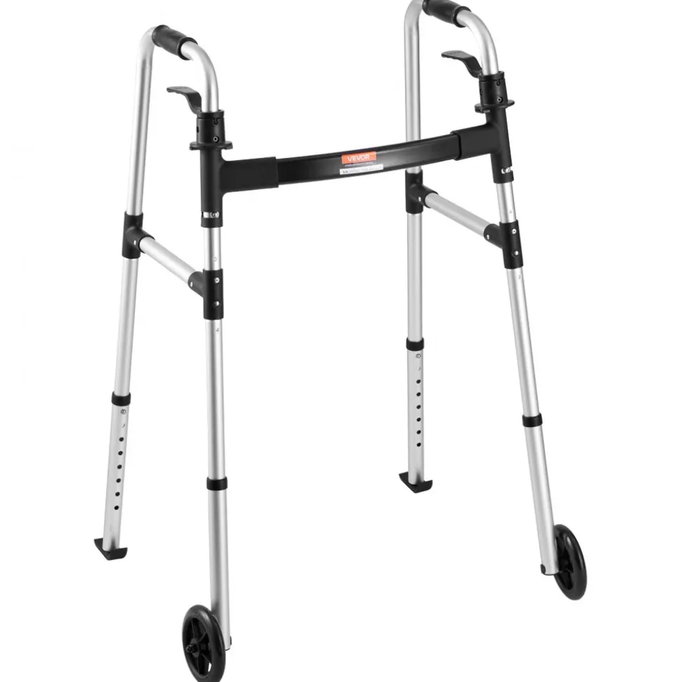 VEVOR Folding Walker, 2-Button Foldable Walker with 5" Wheels & 8-Level Adjustable Height, 350LBS Loading Lightweight Aluminum Mobility Walking Aid, Front-Wheeled Rolling Walkers for Seniors Adults