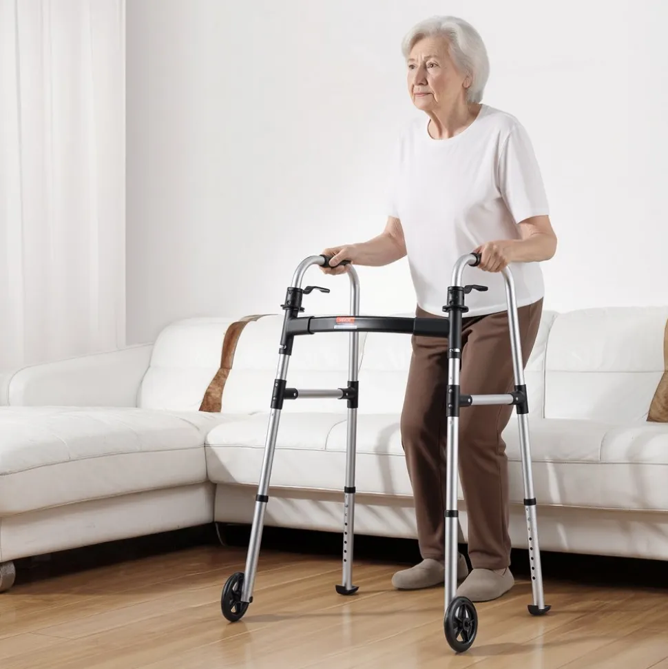 VEVOR Folding Walker, 2-Button Foldable Walker with 5" Wheels & 8-Level Adjustable Height, 350LBS Loading Lightweight Aluminum Mobility Walking Aid, Front-Wheeled Rolling Walkers for Seniors Adults