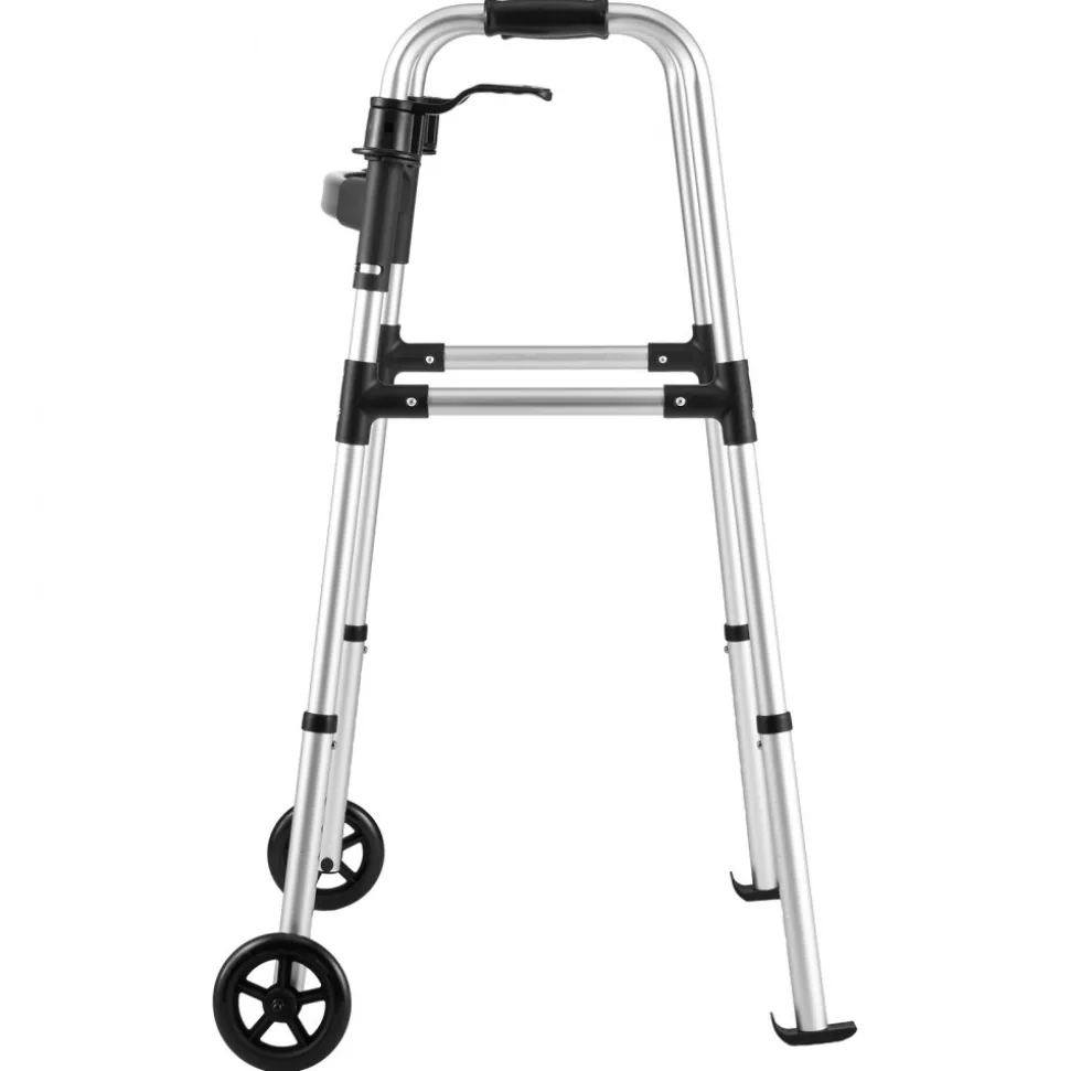 VEVOR Folding Walker, 2-Button Foldable Walker with 5" Wheels & 8-Level Adjustable Height, 350LBS Loading Lightweight Aluminum Mobility Walking Aid, Front-Wheeled Rolling Walkers for Seniors Adults