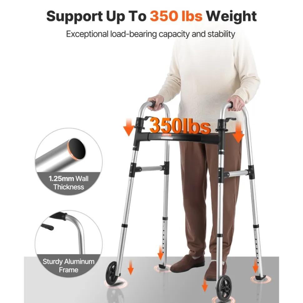 VEVOR Folding Walker, 2-Button Foldable Walker with 5" Wheels & 8-Level Adjustable Height, 350LBS Loading Lightweight Aluminum Mobility Walking Aid, Front-Wheeled Rolling Walkers for Seniors Adults