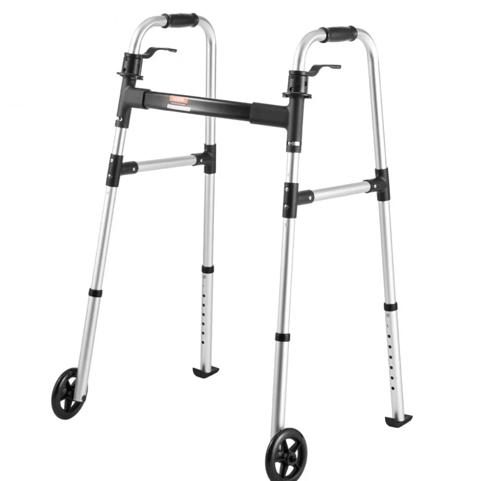 VEVOR Folding Walker, 2-Button Foldable Walker with 5" Wheels & 8-Level Adjustable Height, 350LBS Loading Lightweight Aluminum Mobility Walking Aid, Front-Wheeled Rolling Walkers for Seniors Adults