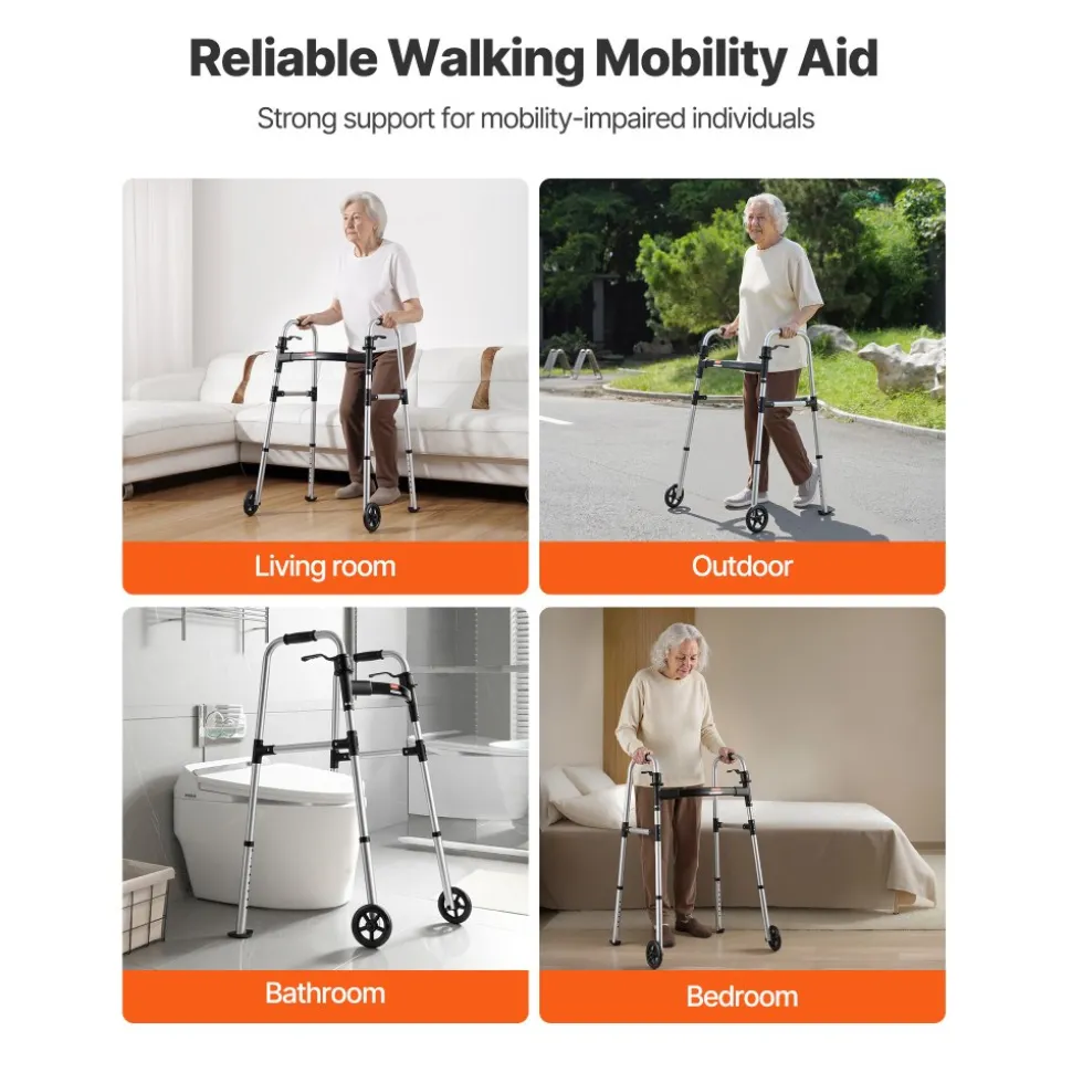 VEVOR Folding Walker, 2-Button Foldable Walker with 5" Wheels & 8-Level Adjustable Height, 350LBS Loading Lightweight Aluminum Mobility Walking Aid, Front-Wheeled Rolling Walkers for Seniors Adults