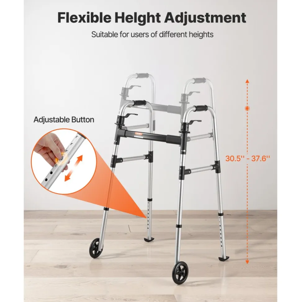 VEVOR Folding Walker, 2-Button Foldable Walker with 5" Wheels & 8-Level Adjustable Height, 350LBS Loading Lightweight Aluminum Mobility Walking Aid, Front-Wheeled Rolling Walkers for Seniors Adults