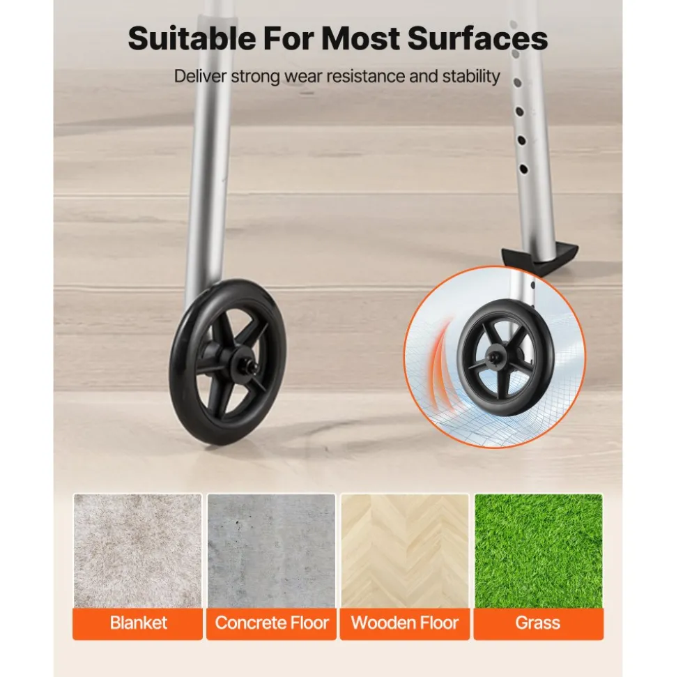 VEVOR Folding Walker, 2-Button Foldable Walker with 5" Wheels & 8-Level Adjustable Height, 350LBS Loading Lightweight Aluminum Mobility Walking Aid, Front-Wheeled Rolling Walkers for Seniors Adults