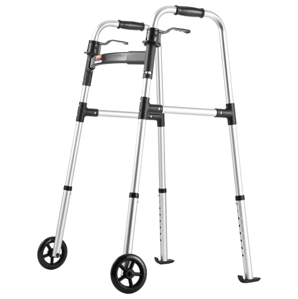 VEVOR Folding Walker, 2-Button Foldable Walker with 5" Wheels & 8-Level Adjustable Height, 350LBS Loading Lightweight Aluminum Mobility Walking Aid, Front-Wheeled Rolling Walkers for Seniors Adults