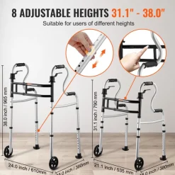 VEVOR Folding Walker on Wheels, 3-in-1 Stand-Assist Folding Walkers with Adjustable Height and Width, Lightweight Aluminum | Front Wheeled Mobility Aid for Elderly Handicapped Disabled, Up to 350LBS