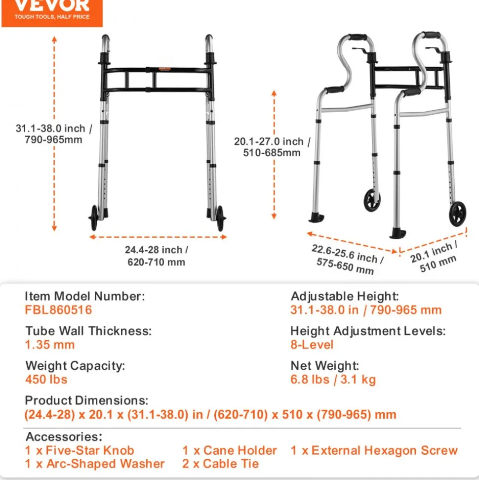 VEVOR Folding Walker on Wheels, 3-in-1 Stand-Assist Folding Walkers with Adjustable Height and Width, Lightweight Aluminum | Front Wheeled Mobility Aid for Elderly Handicapped Disabled, Up to 350LBS