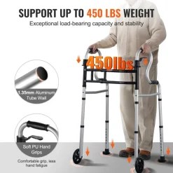 VEVOR Folding Walker on Wheels, 3-in-1 Stand-Assist Folding Walkers with Adjustable Height and Width, Lightweight Aluminum | Front Wheeled Mobility Aid for Elderly Handicapped Disabled, Up to 350LBS