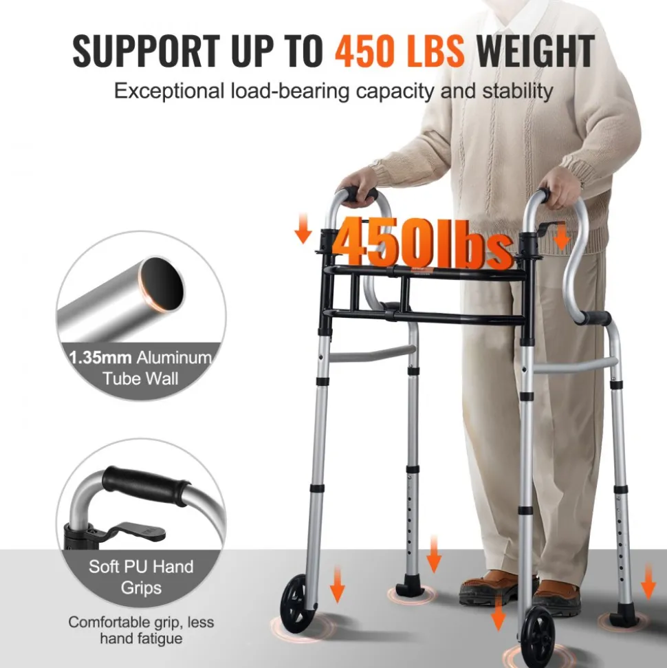 VEVOR Folding Walker on Wheels, 3-in-1 Stand-Assist Folding Walkers with Adjustable Height and Width, Lightweight Aluminum | Front Wheeled Mobility Aid for Elderly Handicapped Disabled, Up to 350LBS