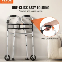 VEVOR Folding Walker on Wheels, 3-in-1 Stand-Assist Folding Walkers with Adjustable Height and Width, Lightweight Aluminum | Front Wheeled Mobility Aid for Elderly Handicapped Disabled, Up to 350LBS