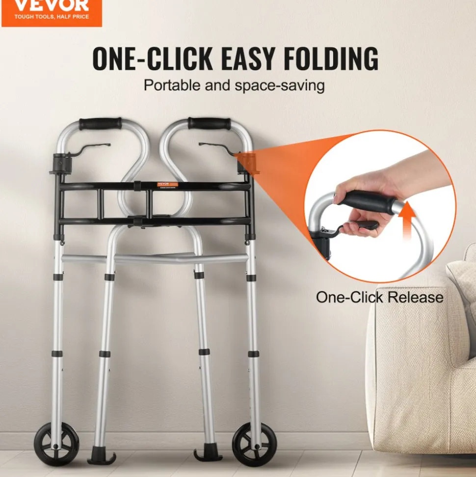 VEVOR Folding Walker on Wheels, 3-in-1 Stand-Assist Folding Walkers with Adjustable Height and Width, Lightweight Aluminum | Front Wheeled Mobility Aid for Elderly Handicapped Disabled, Up to 350LBS