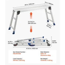 VEVOR Folding Work Platform, Adjustable Height 23-34.5 in, 40 x 12 in Aluminum Step Stool, 500 lbs Load Capacity, Heavy Duty Non-Slip Platform Ladder, Portable Work Bench for Painting, Maintenance