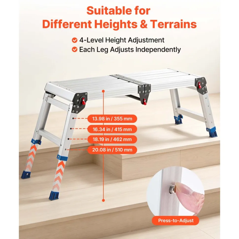 VEVOR Folding Work Platform, Adjustable Height 14.2-20 in, 500 lbs Capacity Aluminum Step Stool, Heavy Duty Non-Slip Platform Ladder, Portable Work Bench for Painting, Cleaning, Home & Professional