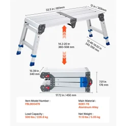 VEVOR Folding Work Platform, Adjustable Height 14.2-20 in, 500 lbs Capacity Aluminum Step Stool, Heavy Duty Non-Slip Platform Ladder, Portable Work Bench for Painting, Cleaning, Home & Professional